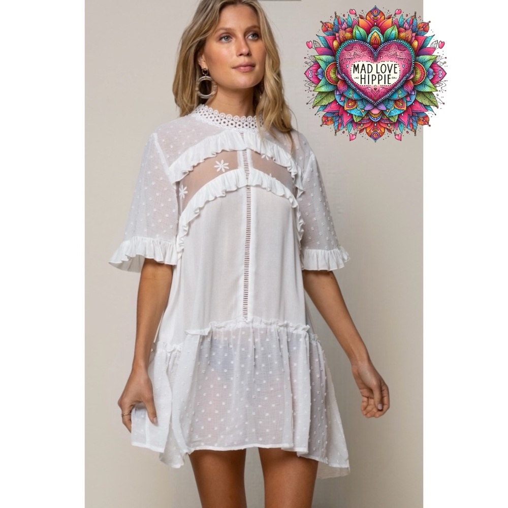 POL Ivory Ethereal Swiss Dot Mock Neck Lace Inset Mini Dress